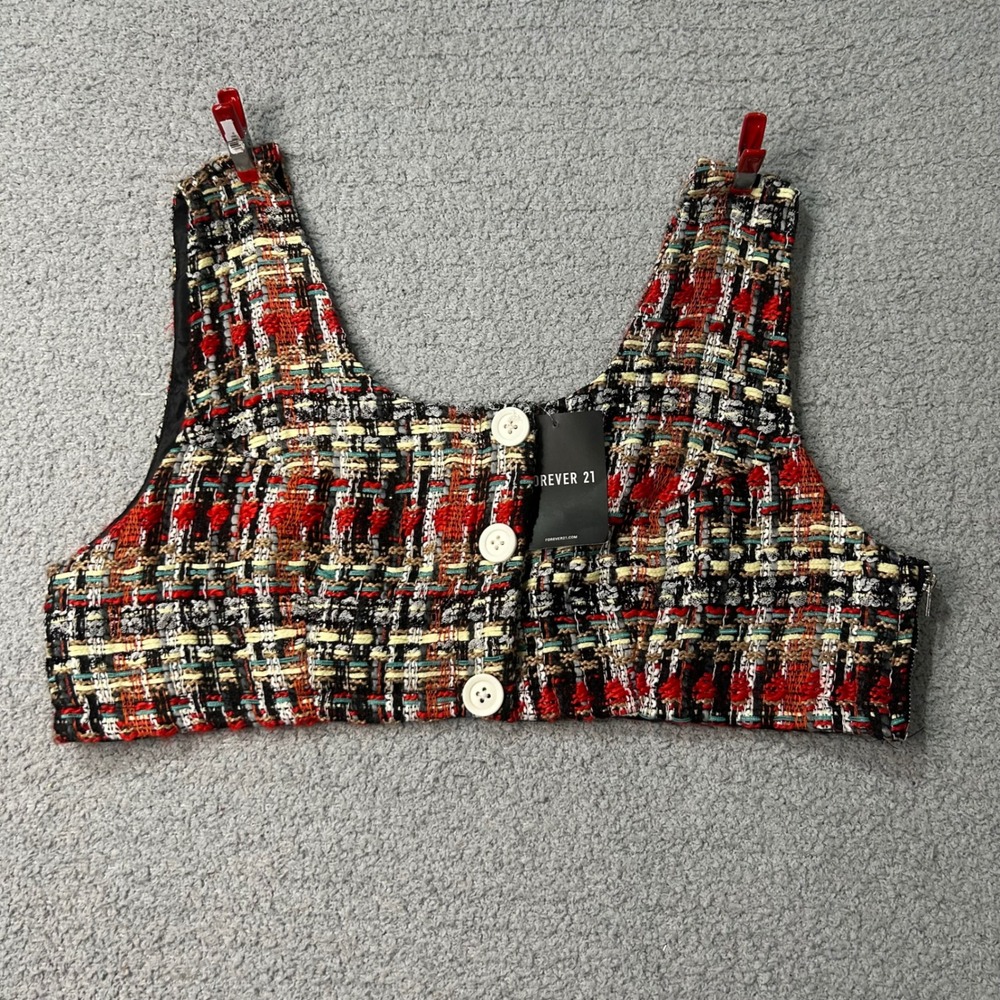 Forever 21 Crop Top Tweed L Red Multi Dark Academia Preppy Chic Woven